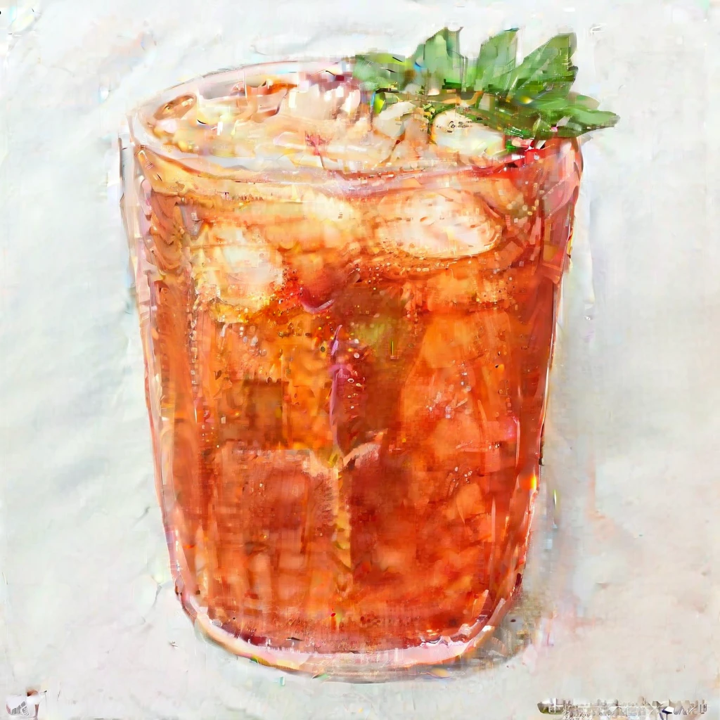 Produce a watercolor style image of iced tea, filled with ice cubes, served in a glass cup. Emphasize the texture of the ice cubes and the bright hue of the tea. The watercolor technique should give the drink a fluid, soft appearance, with colors that blend smoothly with the background. Accentuate the contrast between the soft, frothy topping and the rich, textured drink to create a visually appealing composition,