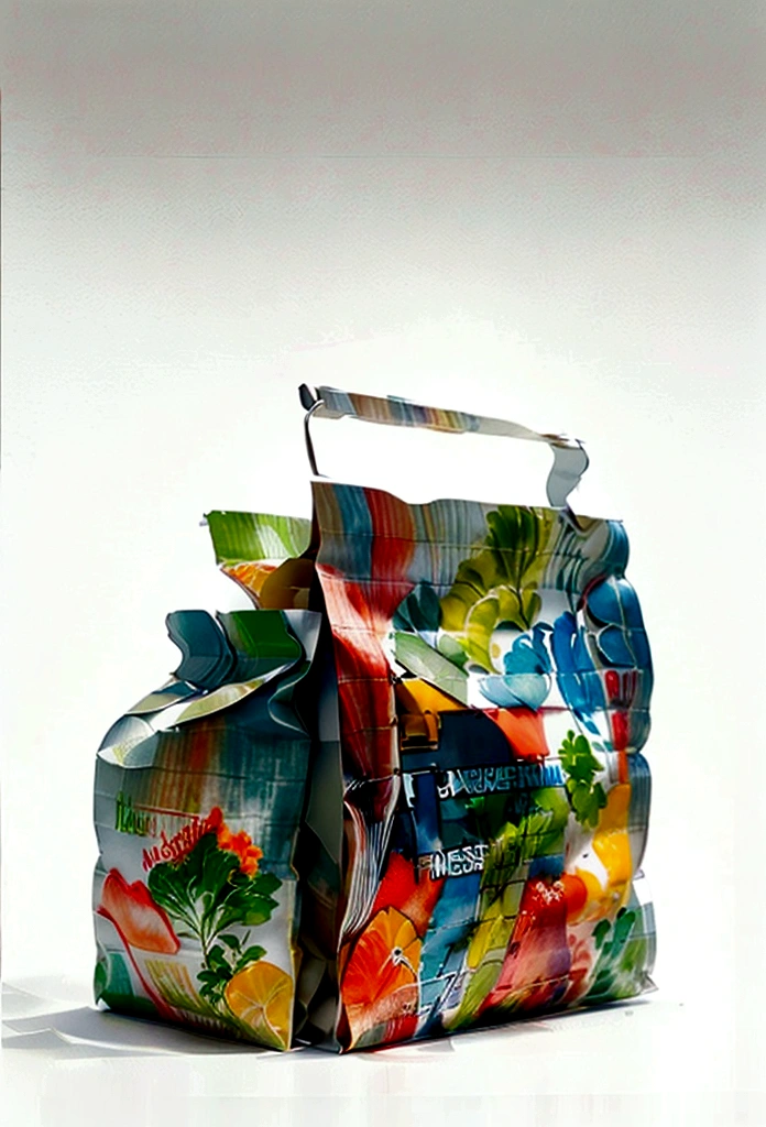 ((best quality)), ((masterpiece)), (detailed), loose watercolor, minimalist, create a picture of a cartoon grocery paper bag full of a lot healthy food, against plain brilliant white background, isolated, fresh, tasty, delicious, vibrant color. the grocery paper bag is sitting on a white brilliant surface, detailed