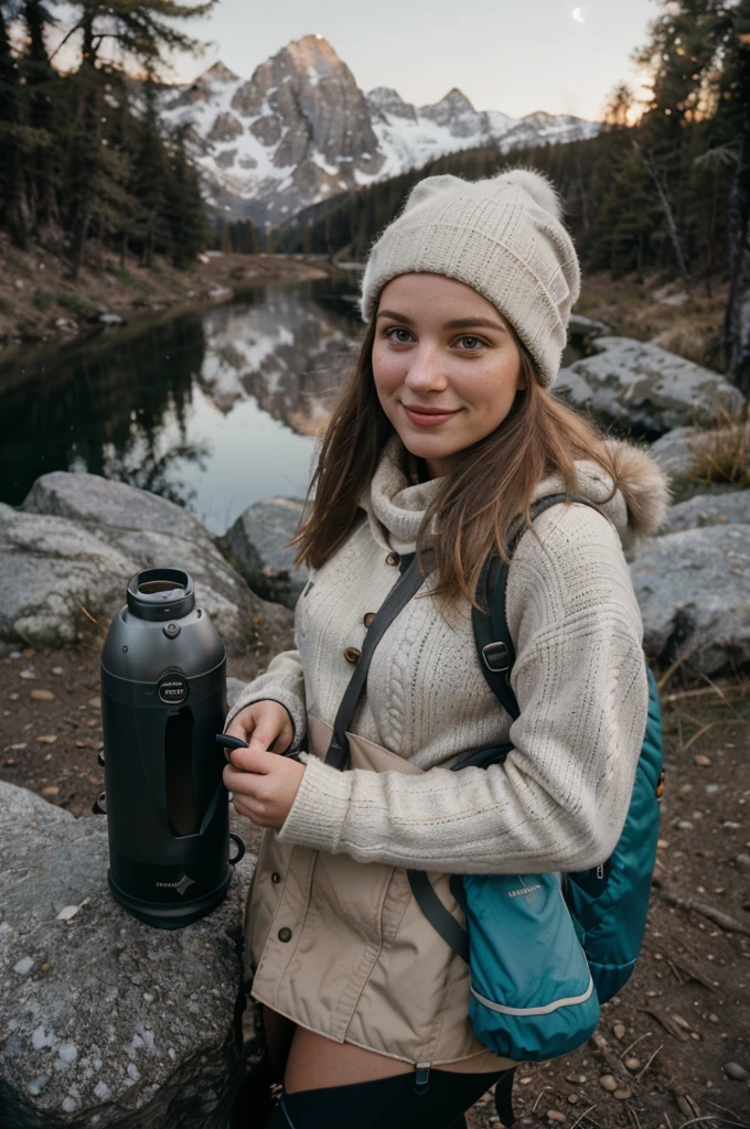 1 woman((upper body selfie, happy)), masterpiece, best quality, ultra-detailed, solo, outdoors, (night), mountains, nature, (stars, moon) cheerful, happy, backpack, sleeping bag, camping stove, water bottle, mountain boots, gloves, sweater, hat, flashlight, forest, rocks, river, wood, smoke, shadows, contrast, clear sky,
analog style (look at viewer:1.2) (skin texture)
(film grain:1.3), (warm hue, warm tone)