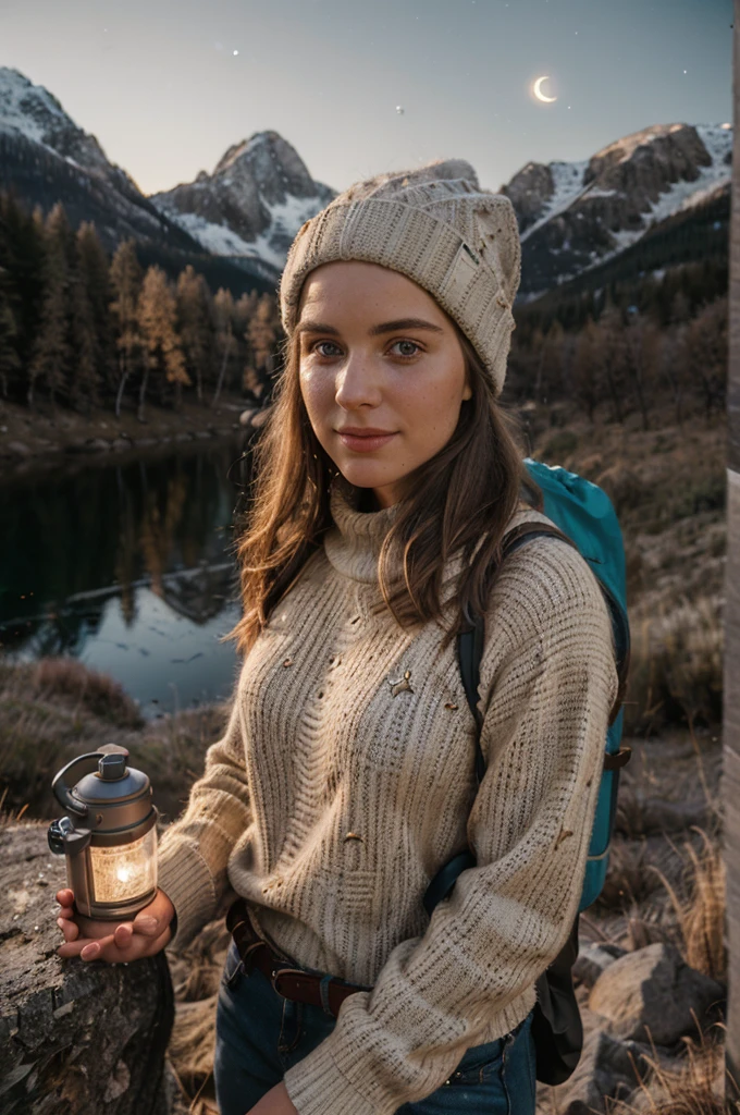 1 woman((upper body selfie, happy)), masterpiece, best quality, ultra-detailed,  solo, outdoors, (night), mountains, nature, (stars, moon)   cheerful, happy, backpack, sleeping bag, camping stove, water bottle, mountain boots, gloves, sweater, hat, flashlight, forest, rocks, river, wood, smoke, shadows, contrast, clear sky,
analog style (look at viewer:1.2)  (skin texture)
(film grain:1.3), (warm hue, warm tone)