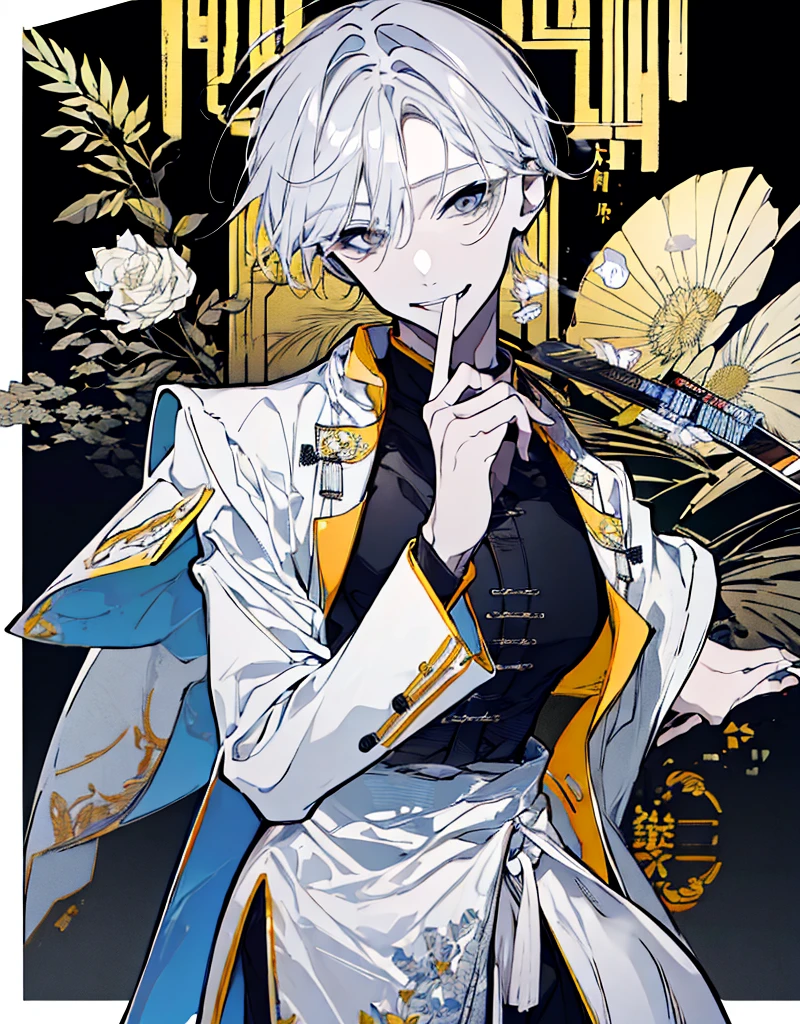 High resolution male Character portrait whole body White background Close ~ eyes Suspicious Laughter Lift the corners of your mouth tall Silver Hair Yellow Eyes Chinese style black clothes sunglasses smile Putting a cigarette in your mouth Double teeth Grinning face