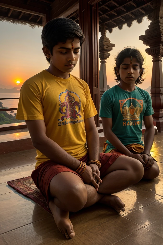 create realistic high quality image where a 14 year old Indian boy sitting & praying ahead to Ganesh ji, boy wearing saffron t-shirts on which name "VISHNU" is written boldly, beautiful background, sunrise, devotional atmosphere,Traditional temple, make sure name should be visible & correct.