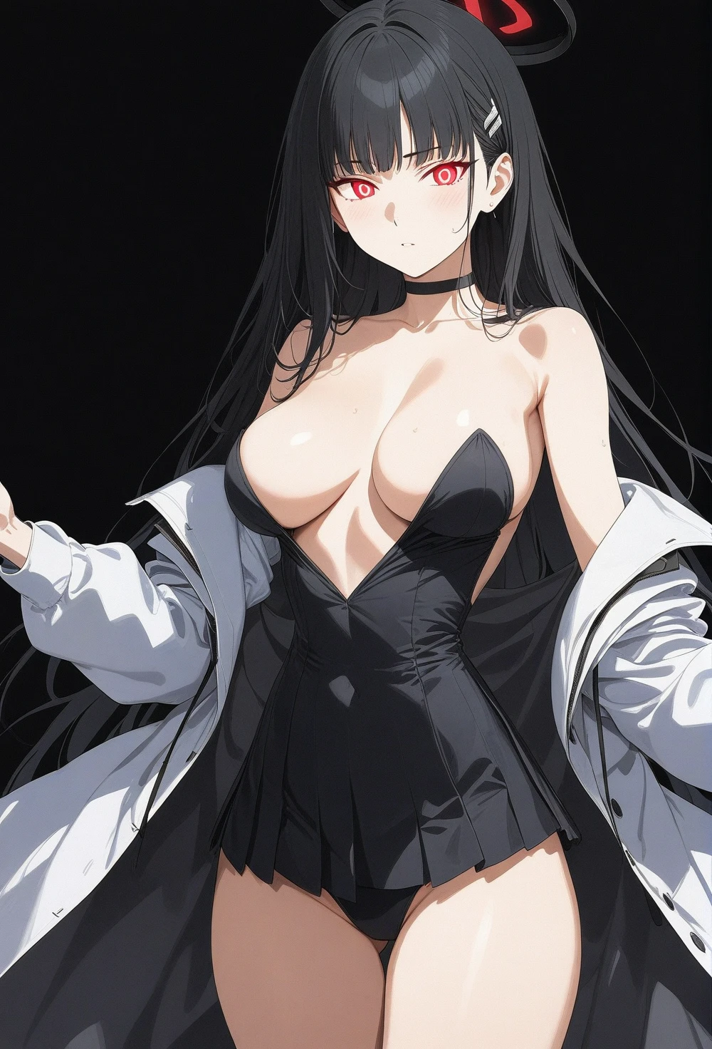 best quality, amazing quality, very aesthetic, absurdres, 1girl, rio (blue archive), blue archive, red eyes, black hair, strapless, (artist official art:1.5), (realistic face), (narrowed eyes), (cowboy shot), (concept art:1.5), panties, (thigh, , glowing eyes:1.4), expressive eyes, perfect face, extremely detailed anime illustration, extremely detailed eyes, enhanced details, perfect anatomy, light rays, photo background, extremely delicate body, smooth skin, feminine expression, (black background:1.5), cristal clear eyes, beautiful face, big breasts
