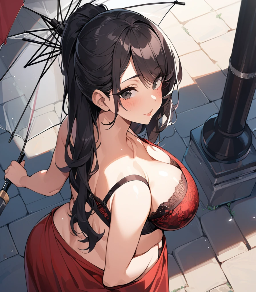 1woman,solo,milf,mature female,thick,medium long hair,black hair,asymmetrical bangs,black eyes,plump,large breasts,bra,saree, transparent_umbrella,back,from_behind,from_above,street,