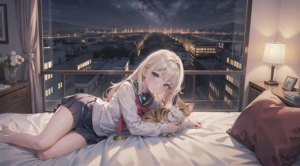 Highest quality（８ｋ）masterpiece、Time: Night（1.8）Lying on a bed by the window and holding a cute calico cat（1.8）Clothing is high school uniform（1.8）The night view can be seen from the window（1.8）、A room in a high-rise apartment with very large windows（1.8）It&#39;s dim in the room.（1.8）、One girl、Very cute、Best Style、Hairstyle（long（1.8））The room is a high school girl&#39;s room（1.8）、There are no curtains、１７age、Firm and refreshing々Fresh skin。Plump legs、eye（Super detailed　1.8）Wearing makeup(2.0）、Dependent、