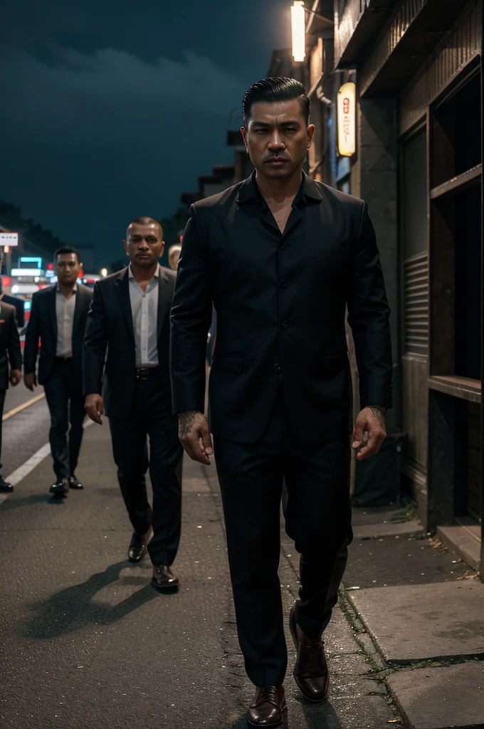 A handsome Indonesian mafia boss, is walking with a gang of mafia, Undercut hair is combed neatly, night road background, real photo, professional photo, clear photo, realistic photo, full HD, 4k 