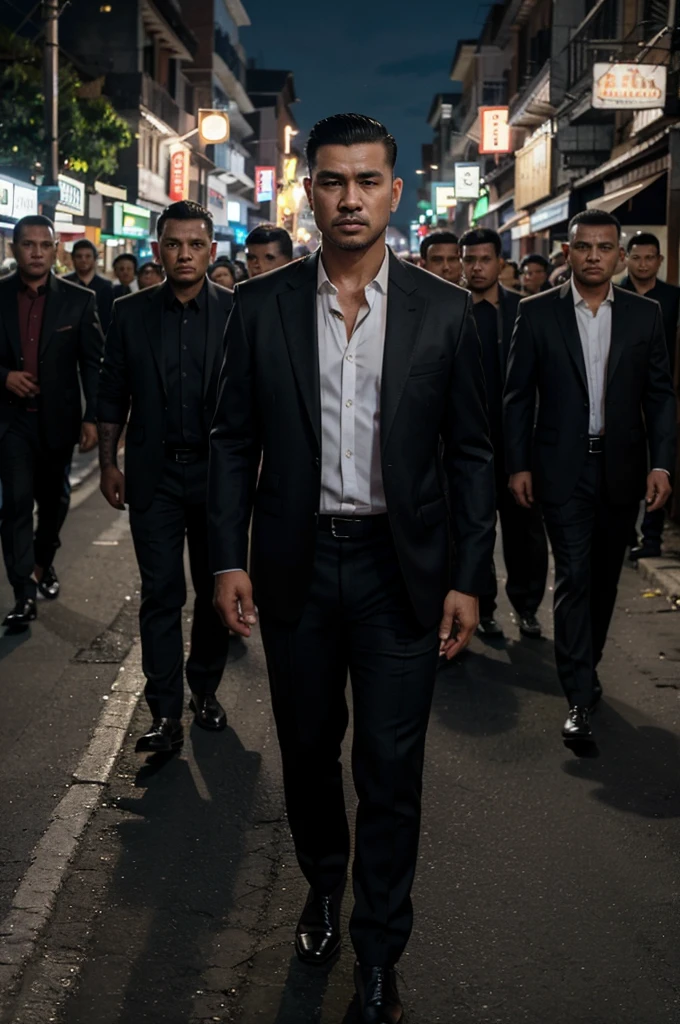 A handsome Indonesian mafia boss, is walking with a gang of mafia, Undercut hair is combed neatly, night road background, real photo, professional photo, clear photo, realistic photo, full HD, 4k 