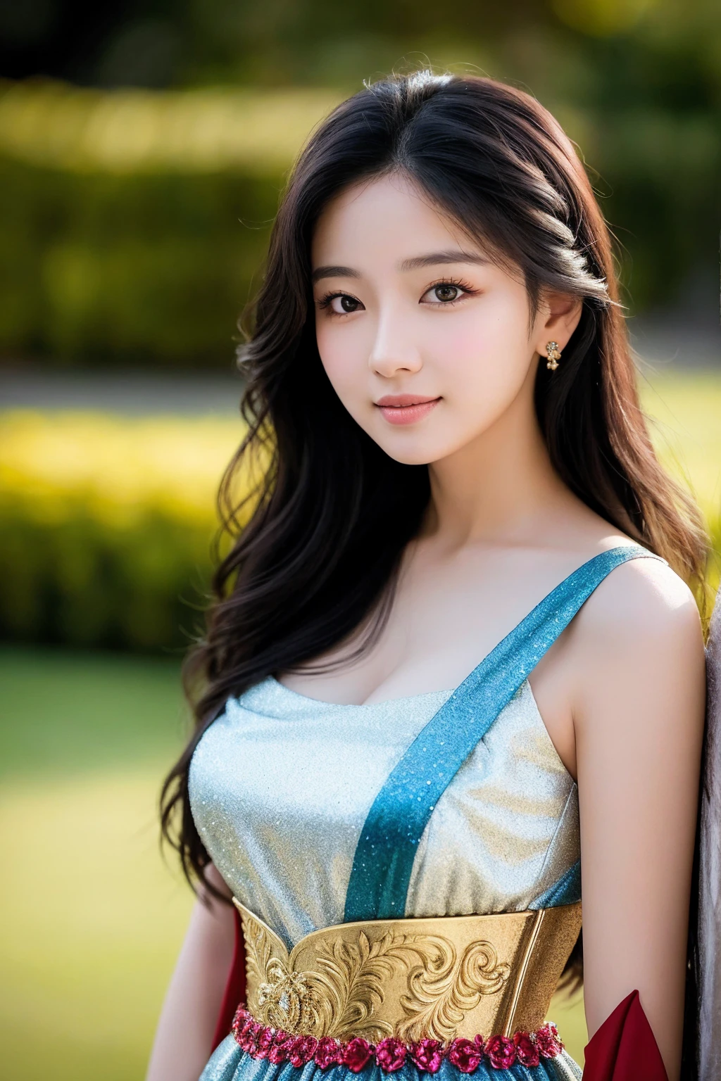 (majestic:1.5), hyper realistic, highly detailed, uhd:1.3, RAW photo,,A hyper-realistic image of an 18-year-old girl with pale skin and fair complexion, posing in a castle garden at night. She wears a round-neck colourful and vibrant satan mini-dress, exquisitely designed, that showcases her perfect natural large-medium breasts. Her long black hair is wavy and curly, framing her beautiful cool face with a light smile. Her eyes are detailed and shinning with eye shadow, and her smooth skin glistens under warm tone lighting. The focus is on the girl as she looks directly at the camera, exuding confidence and sexiness. The background features intricate textures and vibrant colors, with ambient lighting that creates a sense of depth and dimensionality. The overall aesthetic is one of high-quality realism, with a RAW photo resolution of 16K and a bokeh effect of 1.3. The image is so detailed and photorealistic that it looks like a world-class official photograph.,1 girl,solo,ruhani