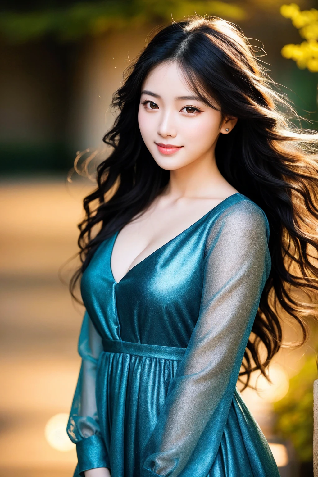 (majestic:1.5), hyper realistic, highly detailed, uhd:1.3, RAW photo,,A hyper-realistic image of an 18-year-old girl with pale skin and fair complexion, posing in a castle garden at night. She wears a round-neck colourful and vibrant satan mini-dress, exquisitely designed, that showcases her perfect natural large-medium breasts. Her long black hair is wavy and curly, framing her beautiful cool face with a light smile. Her eyes are detailed and shinning with eye shadow, and her smooth skin glistens under warm tone lighting. The focus is on the girl as she looks directly at the camera, exuding confidence and sexiness. The background features intricate textures and vibrant colors, with ambient lighting that creates a sense of depth and dimensionality. The overall aesthetic is one of high-quality realism, with a RAW photo resolution of 16K and a bokeh effect of 1.3. The image is so detailed and photorealistic that it looks like a world-class official photograph.,1 girl,solo,ruhani