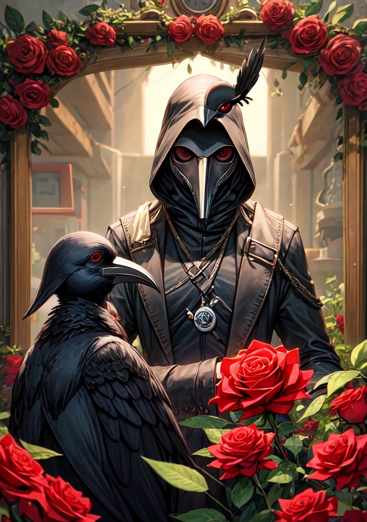 the plague doctor holding a red rose with a crow on his shoulder.