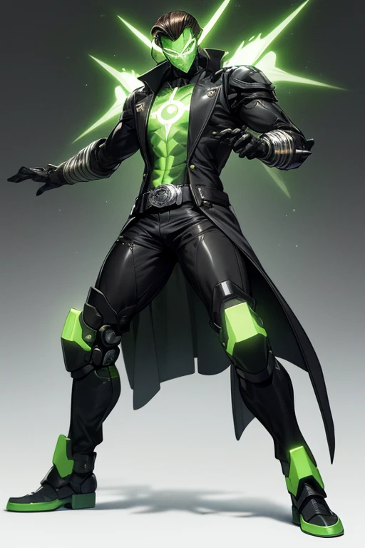 ((best quality)), ((masterpiece)), (detailed), 1 man, full body, 30s, masked, long brown hair slicked back, white mask with green details, small diamond on forehead, glowing green eyes, black collar, tall, thin, long green trench coat, open trench coat showing his chest, black gloves, grey wristbands, nanotech suit, white shirt, dark grey suit vest, , black pants, grey knee pads, metallic black shoes, superhero belt, robot army behind him, green flashes of light, dark laboratory background, anime
