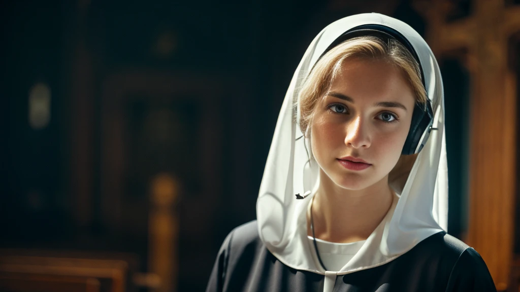 Beautiful blonde with big breasts dressed as a nun (Depressed in a dark church),Wearing headphones,Very detailed, 21 years old, Innocent face, Naturally Wavy Hair, blue eyes, High resolution, masterpiece, Highest quality, Intricate details, Very detailed, Clear focus, Delicate skin, practical skin texture, texture, Delicate eyes, Professional, 4K, Sad crying face, Shot with Canon, 85mm, Shallow and deep,  Kodak Vision Color, Exactly, Very detailed, photograph_\(Extremist\), photographpractical, practical, Post-processing, Maximum details, Roughness, Real Life, Extremist practical, Photorealism, photographgraphy, 8K Ultra HD, photographgraphy