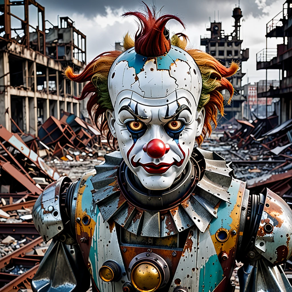 postapocalyptic photography, extreme high angle, a robotic clown in a ruined cityscape, mechanical melancholy, emotionless face, rusted parts, devastated city, broken lighting, overcast dawn, desolation, rust and steel, scattered focus, debris effects, apocalyptic theme, far future, shot on Nikon Z7 II, telephoto lens, 200mm, H.G. Wells style, futurism dystopian, mechanical despair, jagged metal, cracked concrete, isolation, despondency, city of clowns, fragmented vision
