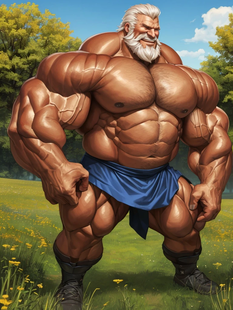 huge muscular old man in meadow, wearing armor, battle fields, white and short hair, white beard, old, old man, grandpa, (huge muscular), detailed muscles, 8k, masterpiece:1.2, hyper realistic, highly detailed full body, ((really big muscle, massive muscular, sixpack, thick arms, wide pectoral, super huge muscle, hyper muscular, over sized muscle, huge arms, big arms, huge pectoral)), natural lighting wrinkled skin, happy expression