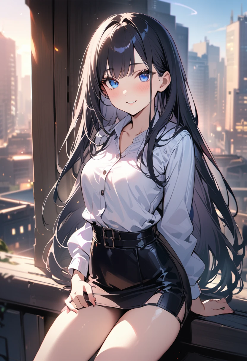 BREAK 1girl, long hair, black hair, straight hair, short bangs above brows, blue eyes, warm smile,
BREAK (masterpiece), (high resolution 8K), cinematic lighting, professional lighting, very cute, detailed eyes and face, detailed body,
BREAK blouse, skirt, outdoors, city background,