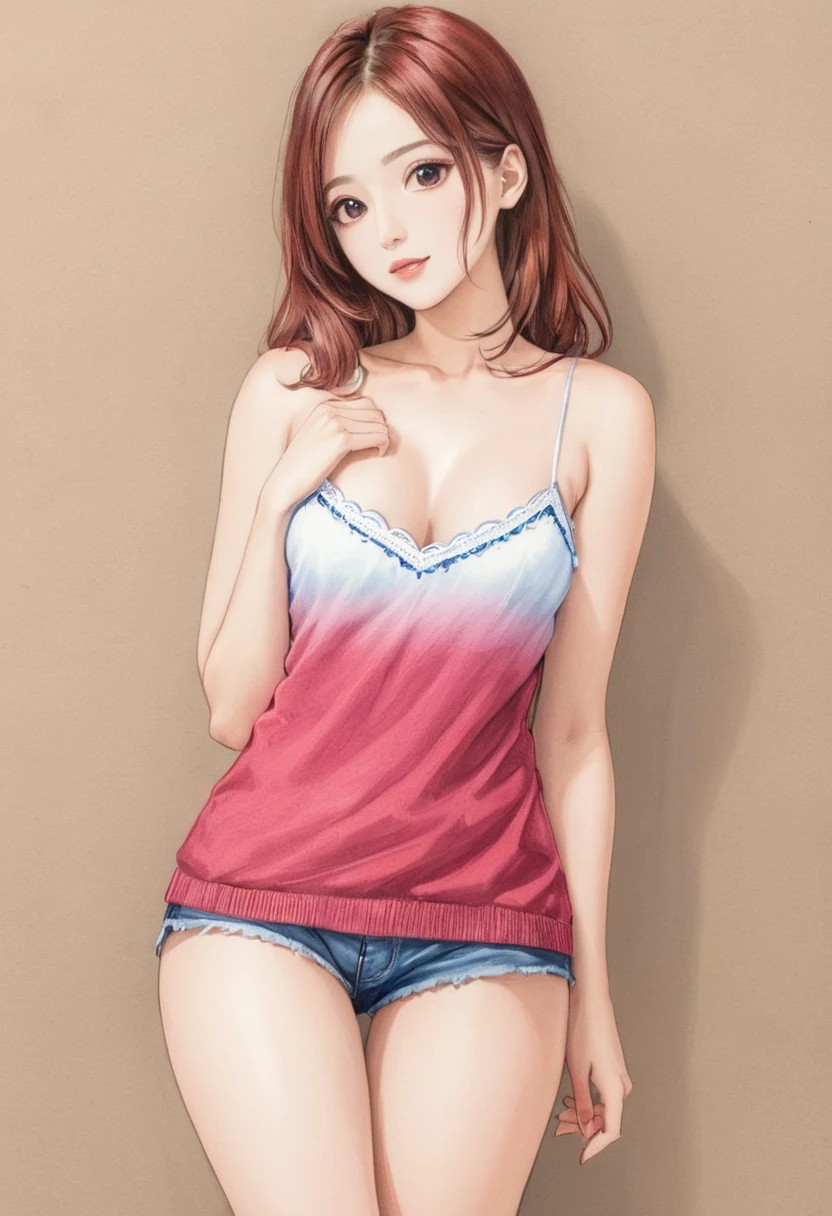 woman,Short camisole vest,White,Art,,Colored pencil sketch,sketch