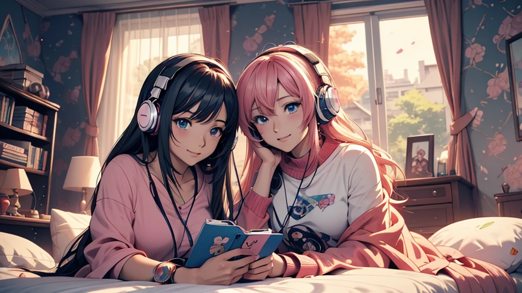 Woman wearing headphones, Anime Style 4 k, anime wallpaper 4k, anime wallpaper 4k, 4k anime wallpaper, anime art wallpaper 4k, anime art wallpaper 4k, Anime Style. 8K, Anime atmosphere, , Ultra HD Anime Wallpaper, Anime Art Wallpaper 8K, Anime Background,landscape、far away、music、room