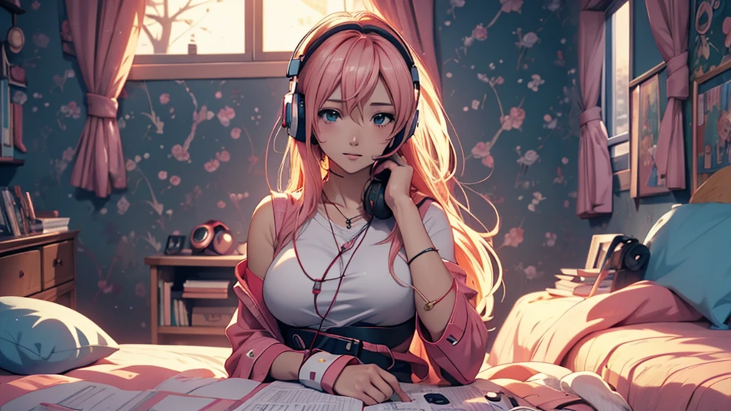 Woman wearing headphones, Anime Style 4 k, anime wallpaper 4k, anime wallpaper 4k, 4k anime wallpaper, anime art wallpaper 4k, anime art wallpaper 4k, Anime Style. 8K, Anime atmosphere, , Ultra HD Anime Wallpaper, Anime Art Wallpaper 8K, Anime Background,landscape、far away、music、room