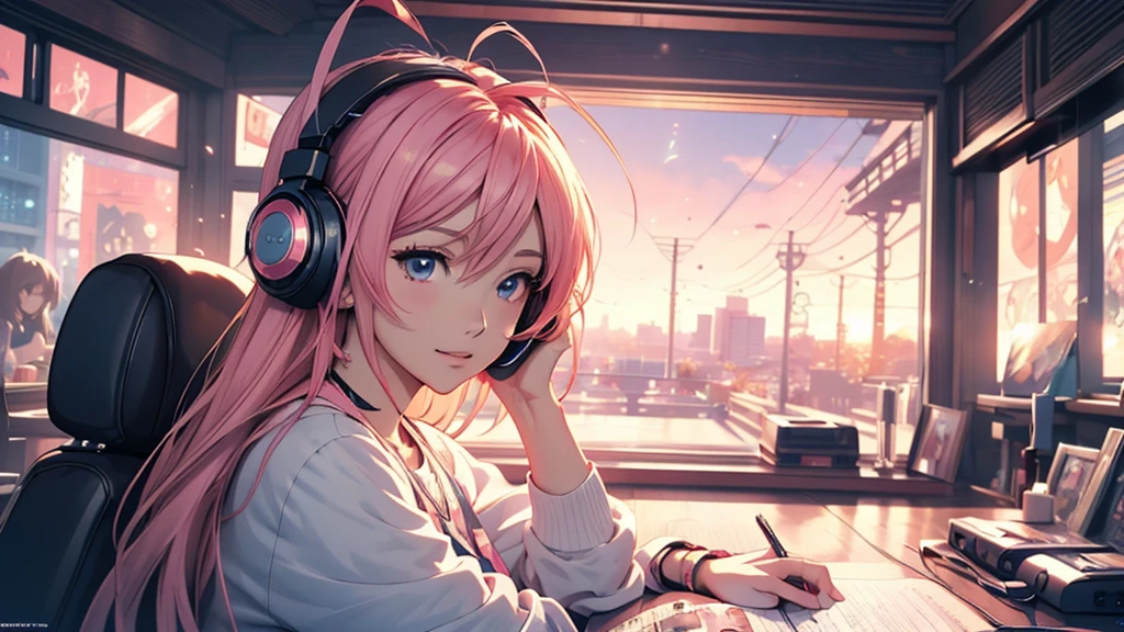 Woman wearing headphones, Anime Style 4 k, anime wallpaper 4k, anime wallpaper 4k, 4k anime wallpaper, anime art wallpaper 4k, anime art wallpaper 4k, Anime Style. 8K, Anime atmosphere, , Ultra HD Anime Wallpaper, Anime Art Wallpaper 8K, Anime Background,landscape、far away、music、room