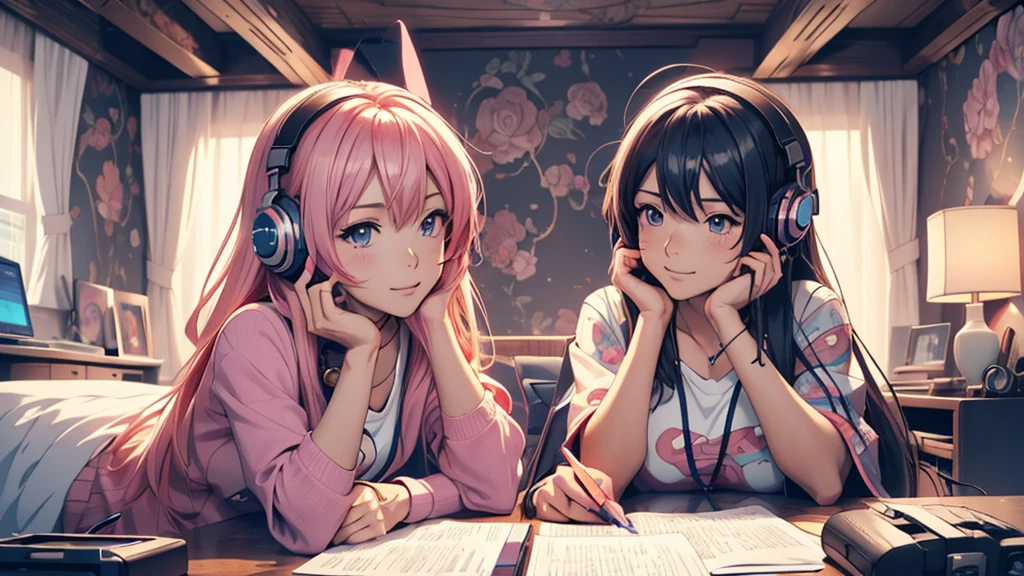 Woman wearing headphones, Anime Style 4 k, anime wallpaper 4k, anime wallpaper 4k, 4k anime wallpaper, anime art wallpaper 4k, anime art wallpaper 4k, Anime Style. 8K, Anime atmosphere, , Ultra HD Anime Wallpaper, Anime Art Wallpaper 8K, Anime Background,landscape、far away、music、room