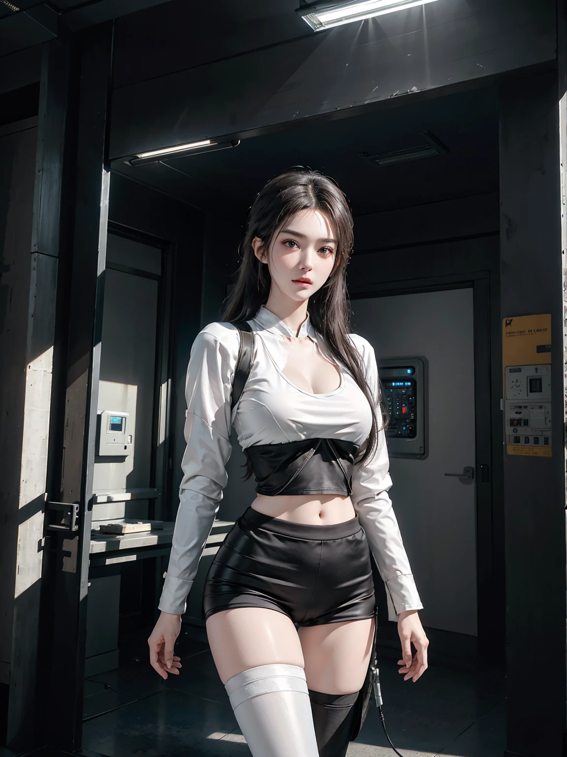 see-through micro thong, nude,Perfect female body,masterpiece、((volleyball uniform))、 ((bloomers:1.4)), ((beautiful girl:1.2))、missing both hands and armechanized body、Mechanized chest and abdomen、mechanized occiput、Mechanized legs、Black metallic suit that fits perfectly、standing、tied up、Metal robot、((cyberpunk background))、(neon light)、(futuristic machine factory background)、cyberdyne、Artificial bodies、All metal body、ironwork、abdominal mechanism、((Robot arm and robot hand))、((Robot legs))、((machine neck))、inside the spaceship、beautiful girl、16 years old、Asian Beauty, (Abdomen exposes actuator and cables)、From the neck down, it has a metal robot body.、Complex 3d rendering beautiful porcelain profile super detailedd female android face、cyborg、Robot parts、150mm、Soft light in a beautiful studio、rim light、vivid details、gorgeous cyberpunk、Ren Hao、超Realistic、anatomical、facial muscles、cable wire microchip、elegant、beautiful background、octane rendering、HR Giger style、8K、highest quality、masterpiece、enlightenment、very delicate and beautiful、 Very detailed CG、unity、wallpaper、(realistic、Photoreal:1.37)、amazing、detailed、masterpiece、best quality、official art、Highly detailedd CG unity 8K wallpaper、absurdes、incredibly absurdes、、robot、silver beads、Full body Esbian、sit on top