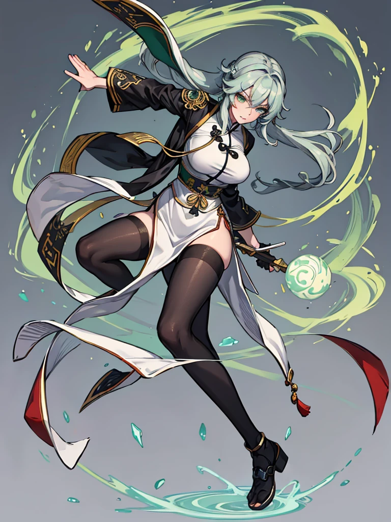 an Adult female, strong, green eyes, long hair, smoky color hair, resolute eyes, white Taoist Taoist uniform, black accessories, ancient Chinese mix morden, full body, 8K, ultra HD, HDR, blank background