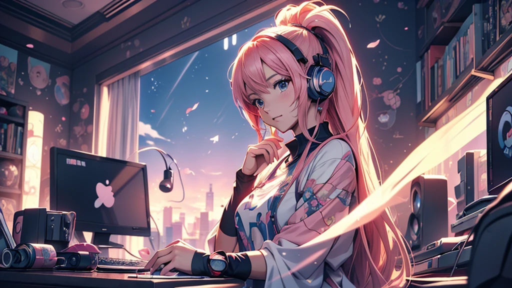 Woman wearing headphones, Anime Style 4 k, anime wallpaper 4k, anime wallpaper 4k, 4k anime wallpaper, anime art wallpaper 4k, anime art wallpaper 4k, Anime Style. 8K, Anime atmosphere, , Ultra HD Anime Wallpaper, Anime Art Wallpaper 8K, Anime Background,landscape、far away、music、room