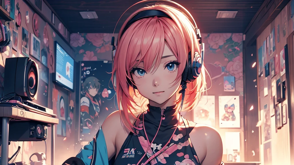 Woman wearing headphones, Anime Style 4 k, anime wallpaper 4k, anime wallpaper 4k, 4k anime wallpaper, anime art wallpaper 4k, anime art wallpaper 4k, Anime Style. 8K, Anime atmosphere, , Ultra HD Anime Wallpaper, Anime Art Wallpaper 8K, Anime Background,landscape、far away、music、room