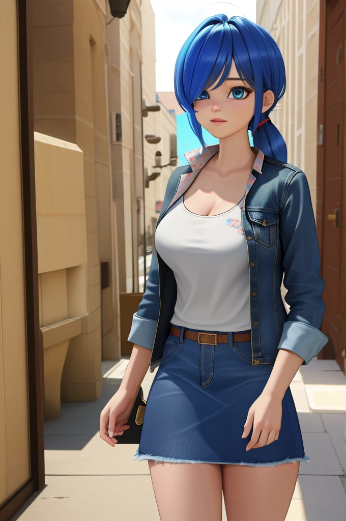 (8k, RAW photo, best quality, masterpiece:1.2), (intricate details), perfect eyes, perfect face, perfect lighting, beautiful, (masterpiece:1.2), (best quality:1.2), 1girl, solo, marinette, blue hair, (( hair in ponytail, bangs over one eye )), adult torso, 19 years old, huge sized breasts, (tank top, denim jacket, blue skirt,) cowboy shot, 3DMM, standing, front view, 