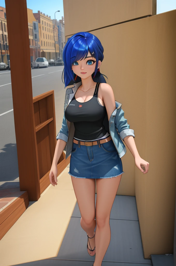 (8k, RAW photo, best quality, masterpiece:1.2), (intricate details), perfect eyes, perfect face, perfect lighting, beautiful, (masterpiece:1.2), (best quality:1.2), 1girl, solo, marinette, blue hair, (( hair in ponytail, bangs over one eye )), adult torso, 19 years old, huge sized breasts, (tank top, denim jacket, blue skirt,) cowboy shot, 3DMM, standing, front view,