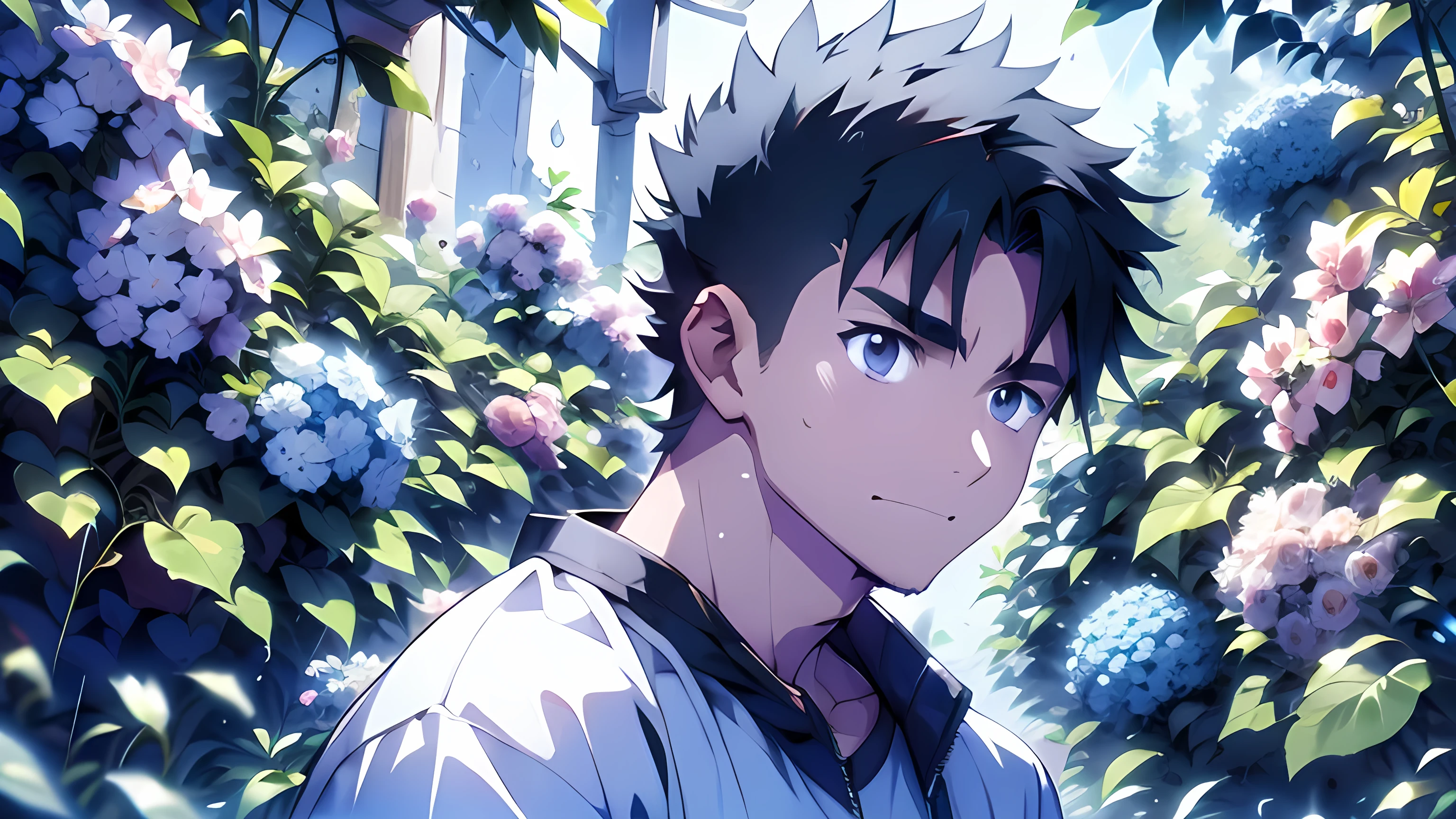((Highest quality)), ((masterpiece)), (detailed), Highest quality、High resolution、8K、shirt、One adult male、33 years old、Dark Eyes、Black Hair、rain、Looking at hydrangeas、Japanese anime-like style、超High resolutionかわいい萌えアニメ8k、handsome face manly、undercut、Fake Hawk、 Slender and muscular、whole body
