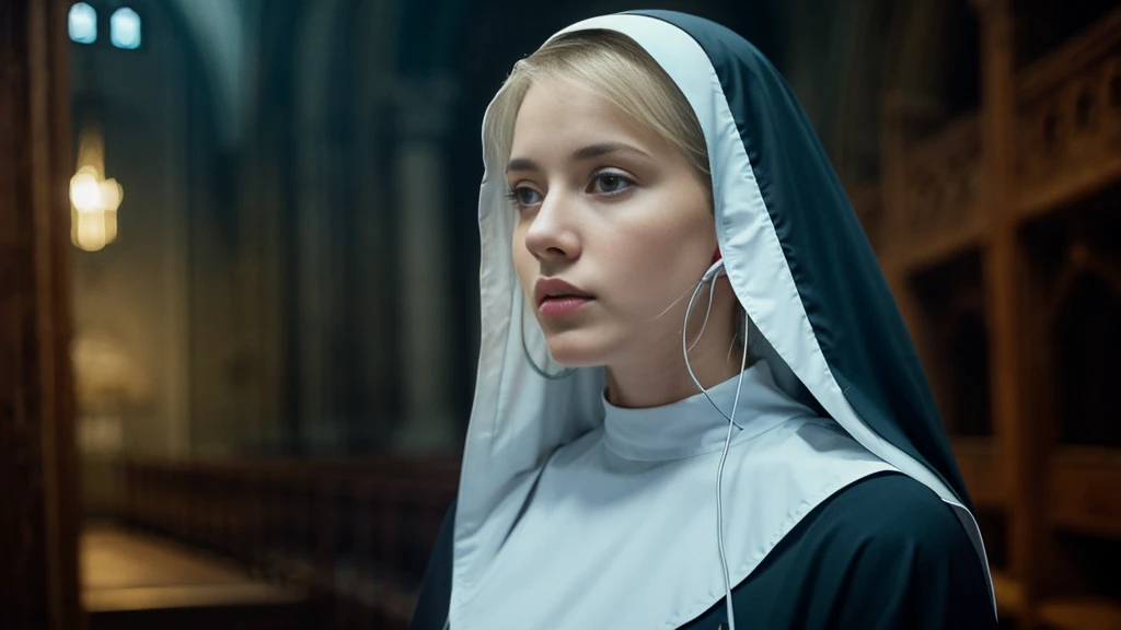 Beautiful blonde with big breasts dressed as a nun (Depressed in a dark church),Wearing headphones,Very detailed, 21 years old, Innocent face, Naturally Wavy Hair, blue eyes, High resolution, masterpiece, Highest quality, Intricate details, Very detailed, Clear focus, Delicate skin, practical skin texture, texture, Delicate eyes, Professional, 4K, Sad crying face, Shot with Canon, 85mm, Shallow and deep, Kodak Vision Color, Exactly, Very detailed, photograph_\(Extremist\), photographpractical, practical, Post-processing, Maximum details, Roughness, Real Life, Extremist practical, Photorealism, photographgraphy, 8K Ultra HD, photographgraphy