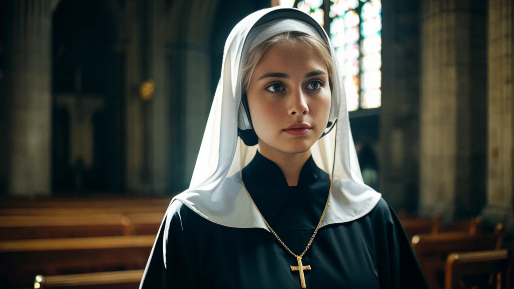Beautiful blonde with big breasts dressed as a nun (Depressed in a dark church),Wearing headphones,Very detailed, 21 years old, Innocent face, Naturally Wavy Hair, blue eyes, High resolution, masterpiece, Highest quality, Intricate details, Very detailed, Clear focus, Delicate skin, practical skin texture, texture, Delicate eyes, Professional, 4K, Sad crying face, Shot with Canon, 85mm, Shallow and deep,  Kodak Vision Color, Exactly, Very detailed, photograph_\(Extremist\), photographpractical, practical, Post-processing, Maximum details, Roughness, Real Life, Extremist practical, Photorealism, photographgraphy, 8K Ultra HD, photographgraphy