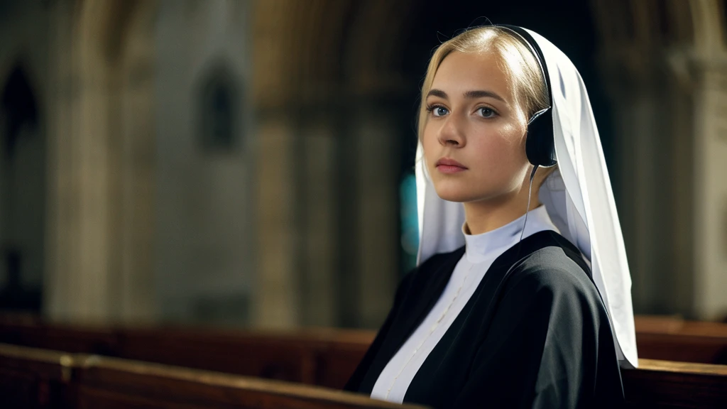 Beautiful blonde with big breasts dressed as a nun (Depressed in a dark church),Wearing headphones,Very detailed, 21 years old, Innocent face, Naturally Wavy Hair, blue eyes, High resolution, masterpiece, Highest quality, Intricate details, Very detailed, Clear focus, Delicate skin, practical skin texture, texture, Delicate eyes, Professional, 4K, Sad crying face, Shot with Canon, 85mm, Shallow and deep,  Kodak Vision Color, Exactly, Very detailed, photograph_\(Extremist\), photographpractical, practical, Post-processing, Maximum details, Roughness, Real Life, Extremist practical, Photorealism, photographgraphy, 8K Ultra HD, photographgraphy