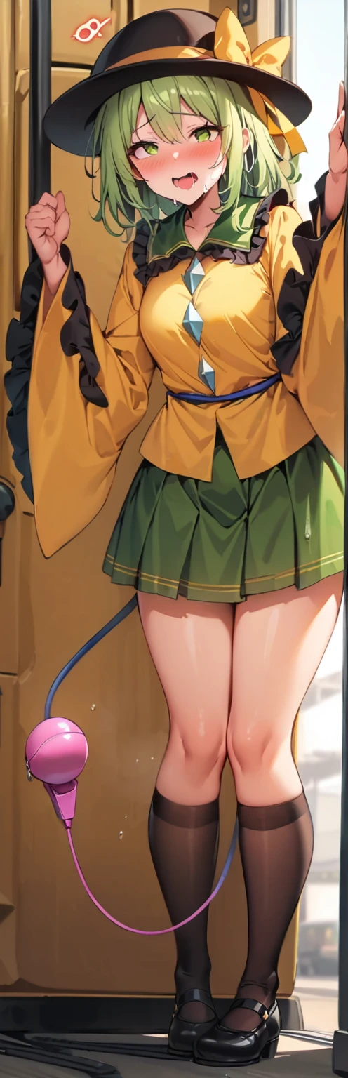 (throw_hand, pink vibrator remote switch in throw_hand, throw:1.2), Highest quality, Super detailed, masterpiece, Ultra-high resolution, 8K, Ridiculous, Cowboy Shooting, Blurred, One girl, Embarrassing, blush, Lovely, , With tears in her eyes and her mouth open, What saliva leaves behind, Wet skirt hem, Not wearing pants, Bulging of the vibrator cord, Vibrator with Garters, Subway car interior background, In a crowded group of women,Squirting、,Black Hair、Ahegao,Peeing,komeiji_koishi, 1girl, third_eye, yellow_shirt, black_hat, green_hair, frilled_sleeves, highres, frilled_shirt_collar, wide_sleeves, hat_bow, green_eyes, green_skirt, heart_of_string, yellow_bow, hat_ribbon, diamond_button, yellow_ribbon, eyeball