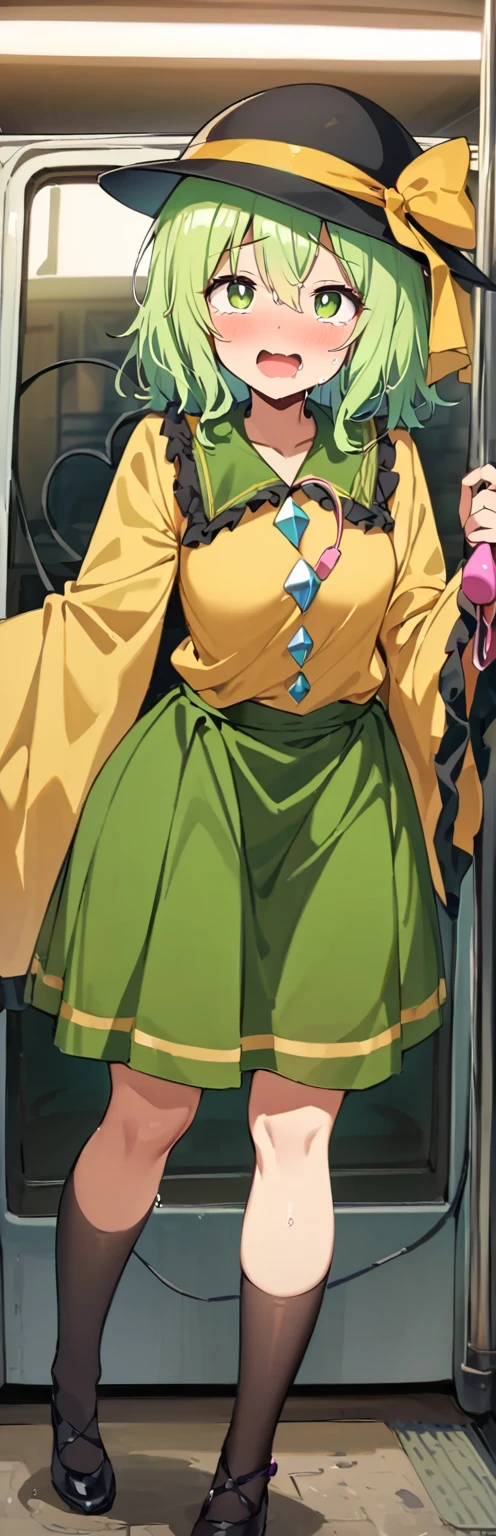 (throw_hand, pink vibrator remote switch in throw_hand, throw:1.2), Highest quality, Super detailed, masterpiece, Ultra-high resolution, 8K, Ridiculous, Cowboy Shooting, Blurred, One girl, Embarrassing, blush, Lovely, , With tears in her eyes and her mouth open, What saliva leaves behind, Wet skirt hem, Not wearing pants, Bulging of the vibrator cord, Vibrator with Garters, Subway car interior background, In a crowded group of women,Squirting、,Black Hair、Ahegao,Peeing,komeiji_koishi, 1girl, third_eye, yellow_shirt, black_hat, green_hair, frilled_sleeves, highres, frilled_shirt_collar, wide_sleeves, hat_bow, green_eyes, green_skirt, heart_of_string, yellow_bow, hat_ribbon, diamond_button, yellow_ribbon, eyeball