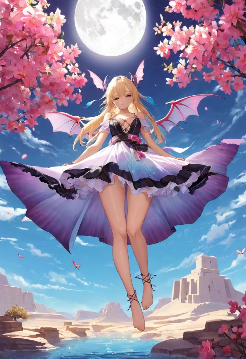 dark magician gils ((Best Quality)), ((Masterpiece)), (detailed), Blonde, thin , thin , seductive succubus, Ethereal Beauty, Perched on a pink flowering tree, (Fantasy Illustration: 1.3), charming look, captivating pose, dark magician gils girl alone, delicate butterfly wings, otherworldly charm, mystical sky, (Luis Royo:1.2), (Yoshitaka Amano:1.1), Moonlit morning, Soft colors, (nubes detaileds:1.3), (high resolution:1.2) ( dragon flying in the sky) dress, legs hanging over the pond, greek goddess, realist, realism, sexy body, Desert Landscape