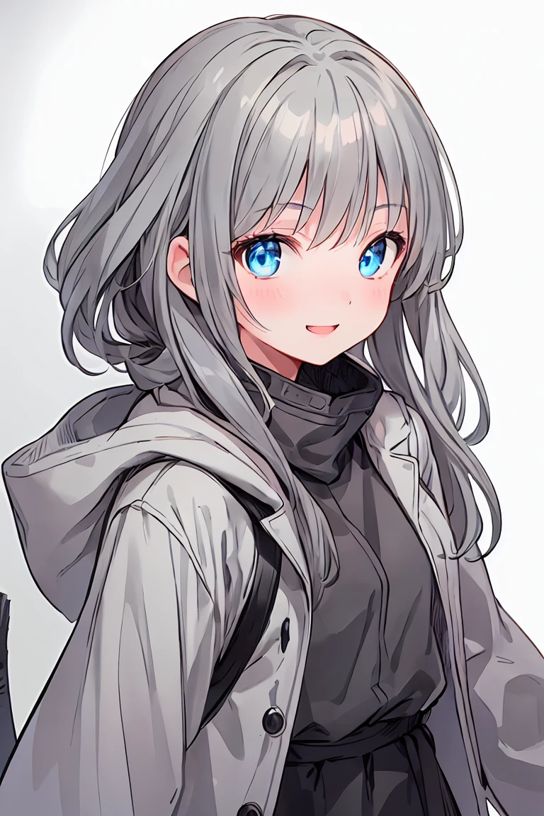 【Highest quality, Tabletop】 [girl, coat, A rich expression, blue eyes, positive, Brown Hair, walking, Upper Body] (Gray white background:1.7), Superlative smile，Unexpected Happiness，