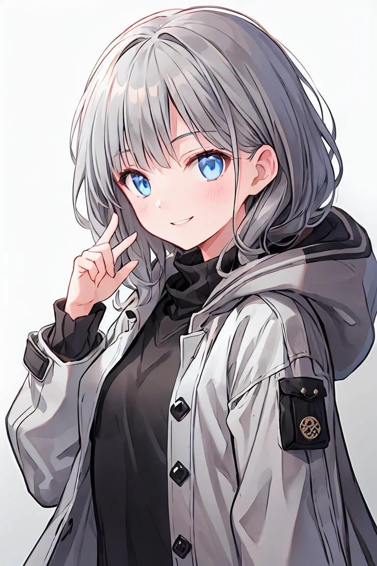【Highest quality, Tabletop】 [girl, coat, A rich expression, blue eyes, positive, Brown Hair, walking, Upper Body] (Gray white background:1.7), Superlative smile，Unexpected Happiness，