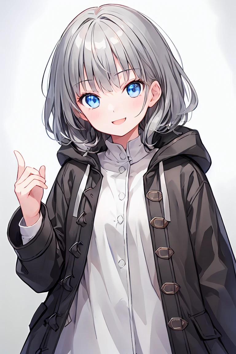 【Highest quality, Tabletop】 [girl, coat, A rich expression, blue eyes, positive, Brown Hair, walking, Upper Body] (Gray white background:1.7), Superlative smile，Unexpected Happiness，