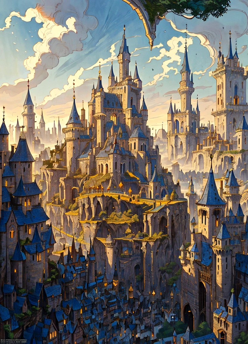 a painting of a city with a castle in the background, a bustling magical town, medeival fantasy town, town background, medieval city, fantasy town setting, fantasy cityscape, townscape, fantasy capital city, medieval city background, fantasy city background, a medieval city, steampunk villages castles, ancient steampunk city, medieval town, 2. 5 d cgi anime fantasy artwork