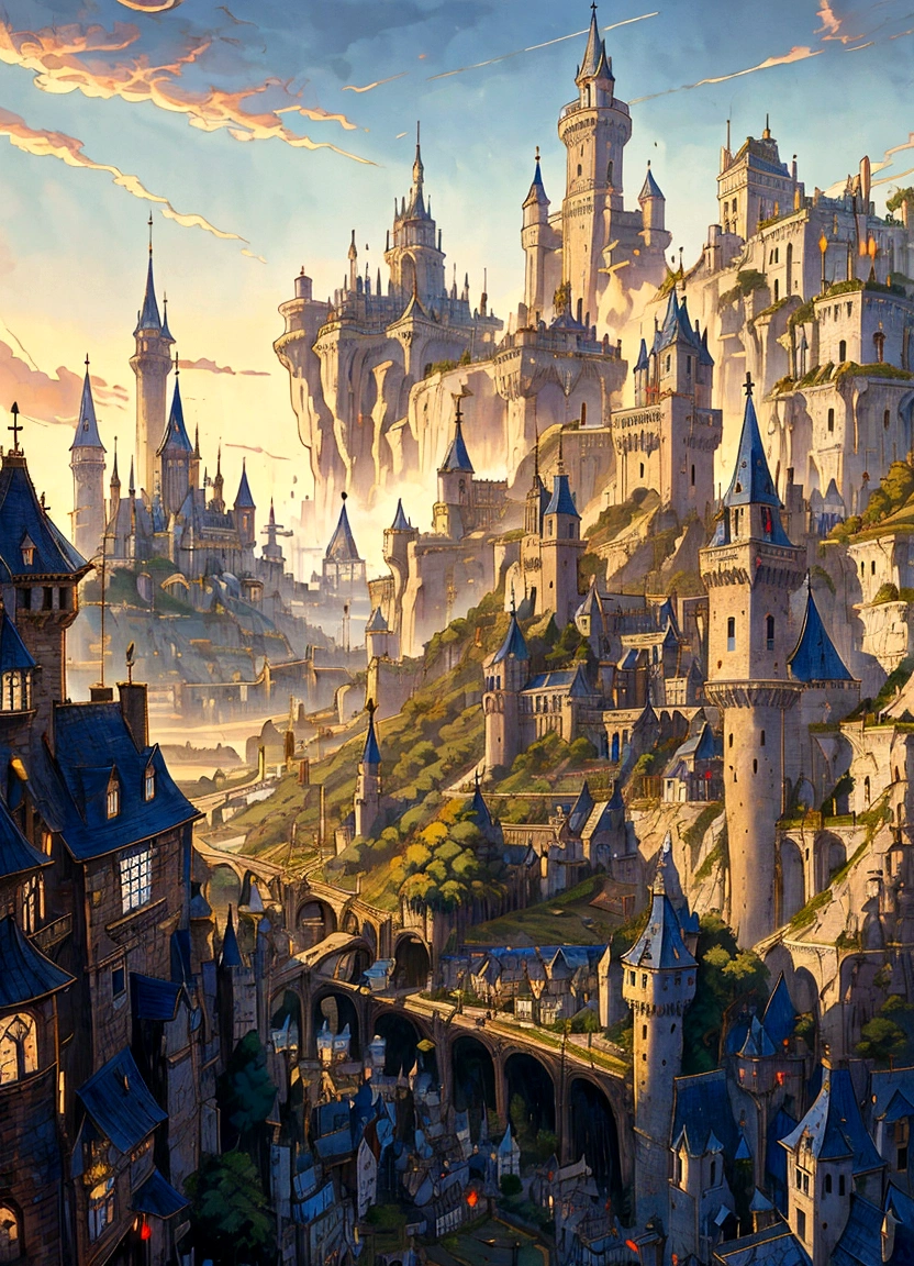 a painting of a city with a castle in the background, a bustling magical town, medeival fantasy town, town background, medieval city, fantasy town setting, fantasy cityscape, townscape, fantasy capital city, medieval city background, fantasy city background, a medieval city, steampunk villages castles, ancient steampunk city, medieval town, 2. 5 d cgi anime fantasy artwork