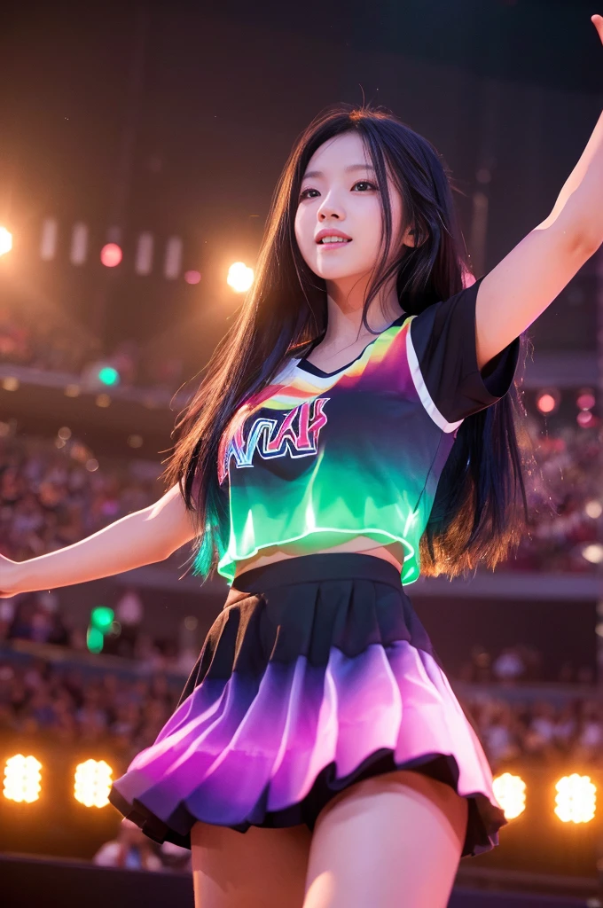a girl on stage, long black hair, hands raised, music concert, cheering crowd, audience, concert stage, 6+ boys, glowstick, (best quality,4k,8k,highres,masterpiece:1.2),ultra-detailed,(realistic,photorealistic,photo-realistic:1.37),dynamic lighting,vibrant colors,dramatic composition