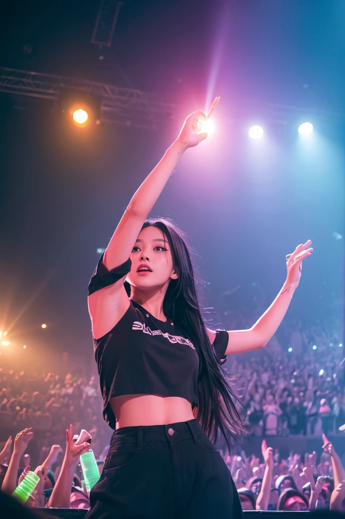 a girl on stage, long black hair, hands raised, music concert, cheering crowd, audience, concert stage, 6+ boys, glowstick, (best quality,4k,8k,highres,masterpiece:1.2),ultra-detailed,(realistic,photorealistic,photo-realistic:1.37),dynamic lighting,vibrant colors,dramatic composition