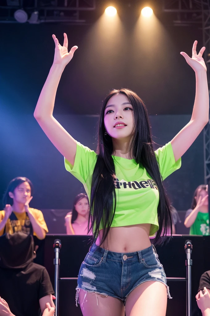 a girl on stage, long black hair, hands raised, music concert, cheering crowd, audience, concert stage, 6+ boys, glowstick, (best quality,4k,8k,highres,masterpiece:1.2),ultra-detailed,(realistic,photorealistic,photo-realistic:1.37),dynamic lighting,vibrant colors,dramatic composition