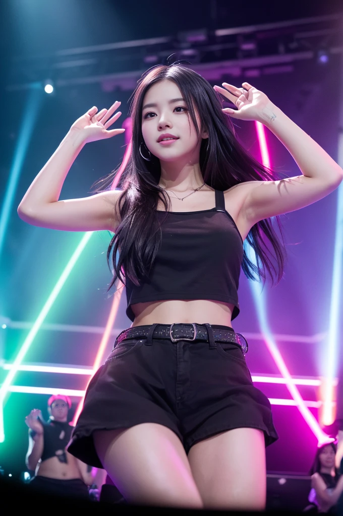 a girl on stage, long black hair, hands raised, music concert, cheering crowd, audience, concert stage, 6+ boys, glowstick, (best quality,4k,8k,highres,masterpiece:1.2),ultra-detailed,(realistic,photorealistic,photo-realistic:1.37),dynamic lighting,vibrant colors,dramatic composition