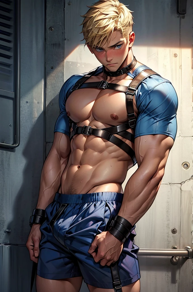 Man with short blonde hair, blue eyes, Blue boxer shorts, Bondage harness, aroused, im Bett, embarrased, Blush, buldge
