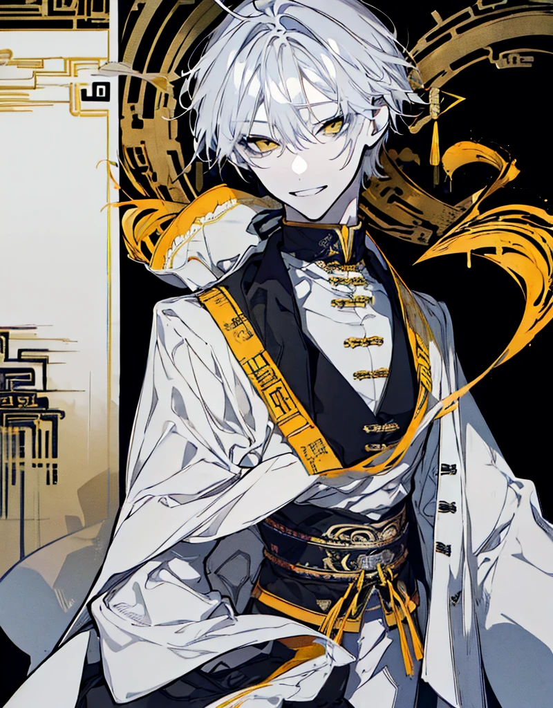 High resolution male Character portrait whole body White background Close ~ eyes Suspicious Laughter Lift the corners of your mouth tall Silver Hair Yellow Eyes Chinese style black clothes sunglasses smile Putting a cigarette in your mouth Double teeth Grinning face