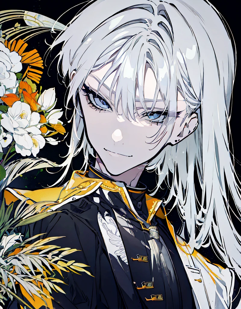 High resolution male Character portrait whole body White background Close ~ eyes Suspicious Laughter Lift the corners of your mouth tall Silver Hair Yellow Eyes Chinese style black clothes sunglasses smile Putting a cigarette in your mouth Double teeth Grinning face