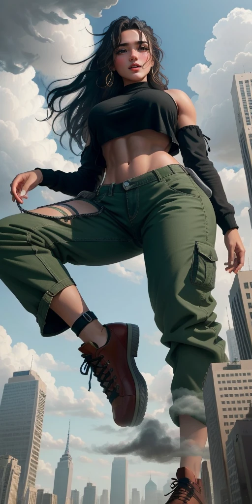 "A towering Giantess in a cool and laid-back hippie style is rocking a crop top and baggy pants. Her toned and athletic build hints at her massive strength. She seems to be casually strolling through the bustling cityscape of GTS City, as towering buildings loom overhead. Smoke and clouds roil around her, adding to the sense of epic scale and drama. The lighting is dark, gloomy, and realistic, creating a tense and ominous atmosphere. The perspective is from below, emphasizing the sheer majesty and power of the Giantess."